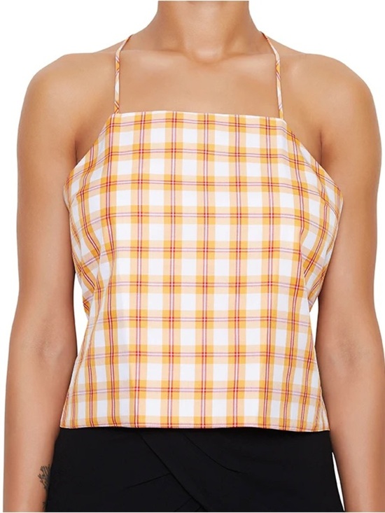 Ammara Khan Tops - Ammara Orange Plaid Spaghetti Strap Backless Tank Top